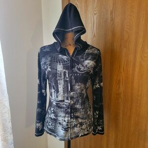 Black & White Chicago City Skyline Rhinestone Hoodie Size Small